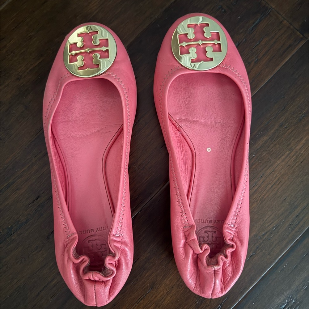 Tory Burch Coral Pink Flats with Gold Logo